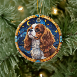 Adorno De Cerámica Cavalier King Charles StainGlass Night Sky Moon
