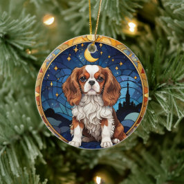 Adorno De Cerámica Cavalier King Charles StainGlass Night Sky Moon