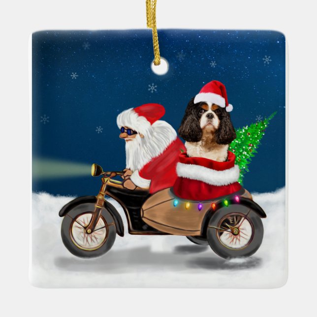 Adorno De Cerámica Cavalier King Dog Navidades Santa Claus (Anverso)
