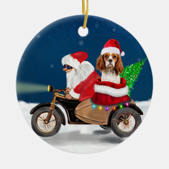 Adorno De Cerámica Cavalier King Dog Navidades Santa Claus (Frente)