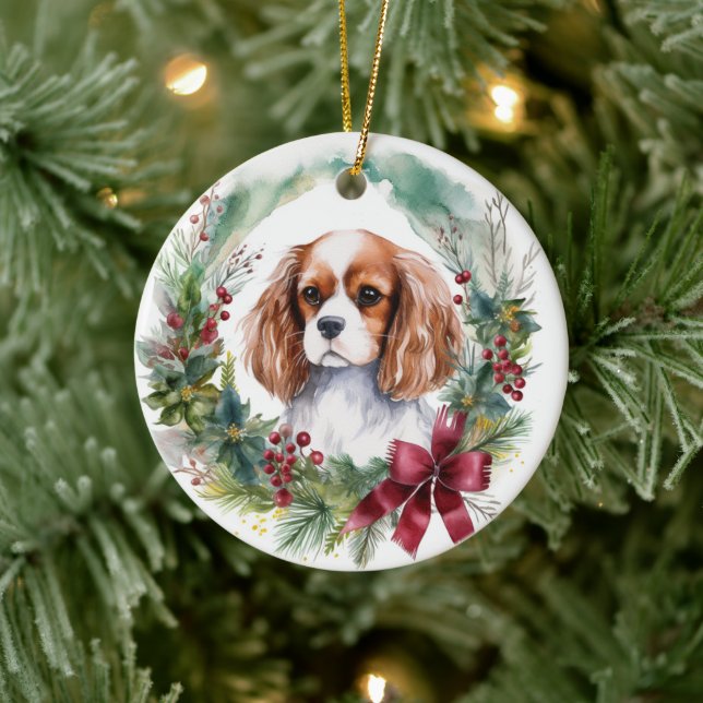 Adorno De Cerámica Cavalier King Navidades Wreath Festimes Pup (Árbol)