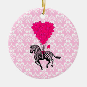 Adorno De Cerámica Cebra vintage y globos de corazón rosados