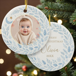 Adorno De Cerámica Celestial Baby First  Cute Blue Christmas Photo