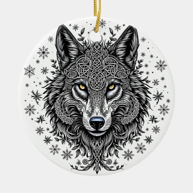 Adorno De Cerámica Celtic Winter Wolf Christmas Ornament (Frente)