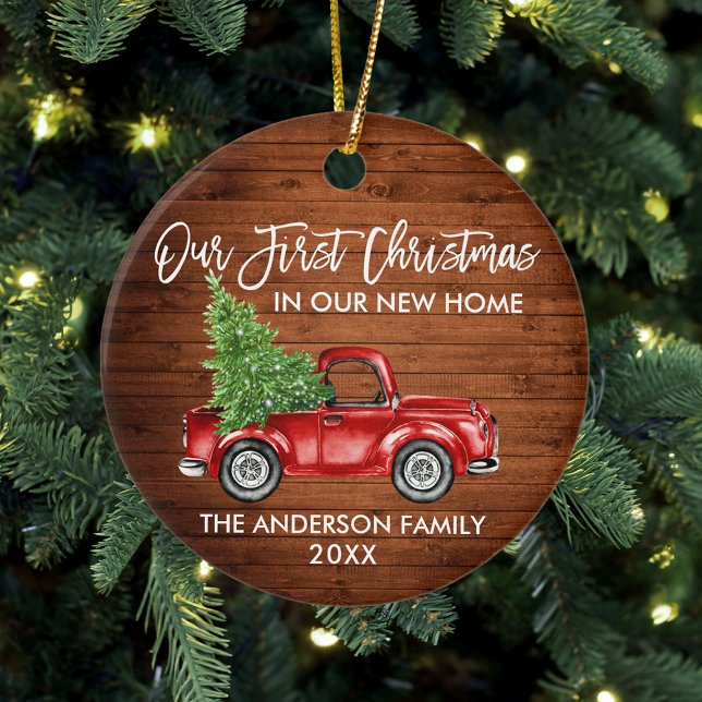 Adorno De Cerámica Cepillo Guión Madera Primera Navidad Nuevo Camión  (Customize your personalized text size or color on front and back.)