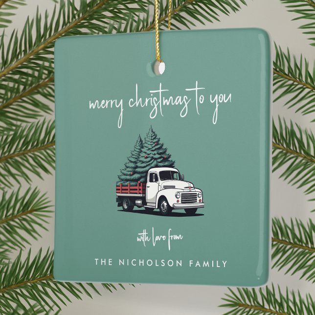 Adorno De Cerámica Ceramic Ornament | Christmas Tree Delivery Truck (Personalized vintage delivery truck ceramic ornaments created for cheerful Christmas celebrations)