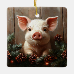 Adorno De Cerámica Cerdito Navideño Pintura Rústica