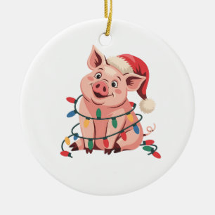 Adorno De Cerámica Cerdo de luces de Navidad que lleva sombrero de Na