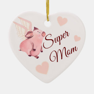Adorno De Cerámica Cerdo flotante   Super Mamá   Corazones rosados