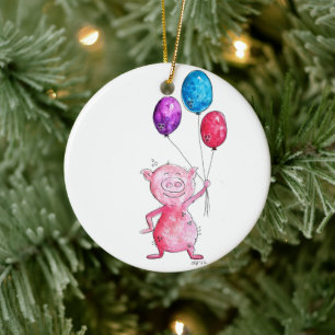 Adorno De Cerámica Cerdo Rosa Caprichoso con Globos