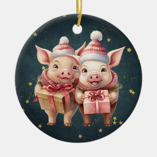 Adorno De Cerámica Cerdos de Navidad cutáneos (Frente)