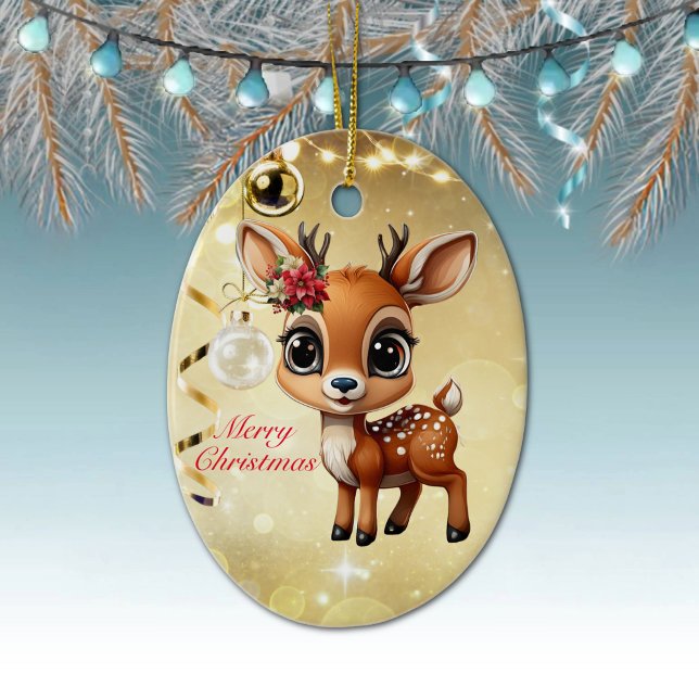 Adorno De Cerámica Cerebro, Amanecer, Perro, 🦌 de renos 🎄 Feliz Nav (Reindeer Character Woodland Wildlife Fawn, Floral Doe Christmas Festive Gold Oval Xmas Ornament 🦌🎄)