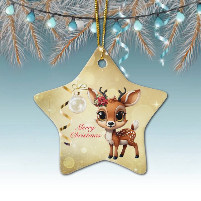 Adorno De Cerámica Cerebro, Amanecer, Perro, 🦌 de renos 🎄 Feliz Nav (Wildlife Reindeer Decor Xmas Fawn Fun Holiday Doe Animal Merry Christmas 
Gold Star Ornament 🦌🎄)