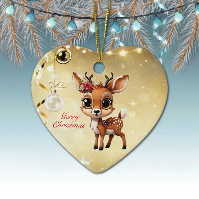 Adorno De Cerámica Cerebro, Amanecer, Perro, 🦌 de renos 🎄 Feliz Nav (Baby Deer, Floral Fawn, Cute Doe Poinsettia Flower Merry Christmas Gold Heart Ceramic Ornament 🦌🎄)