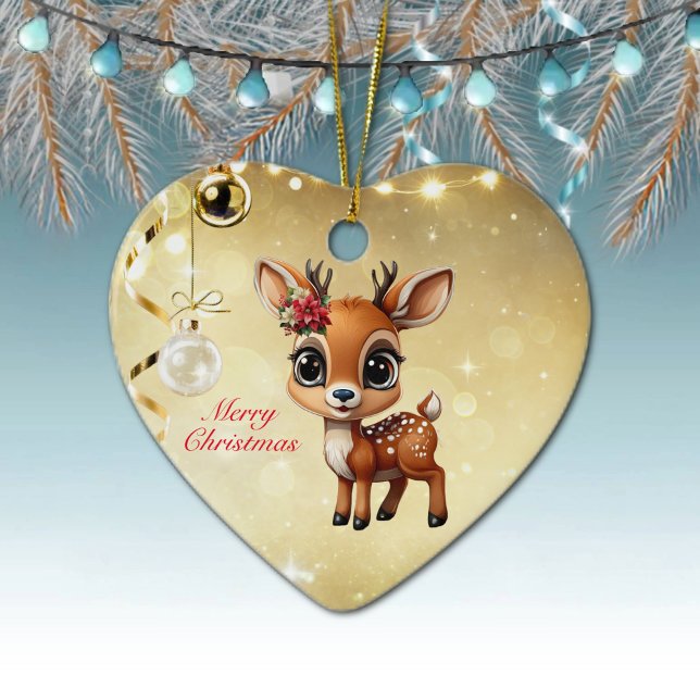 Adorno De Cerámica Cerebro, Amanecer, Perro, 🦌 de renos 🎄 Feliz Nav (Reindeer, Floral Fawn, Cute Doe Poinsettia Flower Merry Christmas Gold Heart Ceramic Ornament 🦌🎄)