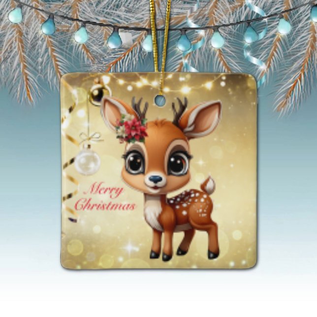 Adorno De Cerámica Cerebro, Amanecer, Perro, 🦌 de renos 🎄 Feliz Nav (Reindeer Floral Fawn Doe Poinsettia Customizable Merry Christmas White Square Ceramic Ornament 🦌🎄)