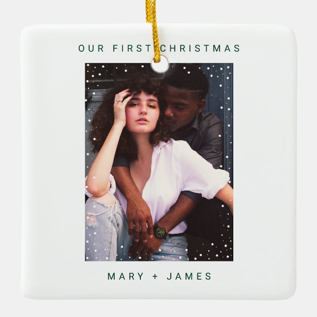 Adorno De Cerámica Cereza verde oscuro y foto casada (create your own Dark Green Merry and Married Photo Ceramic Ornament)