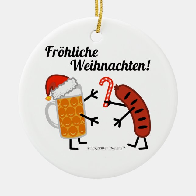 Adorno De Cerámica ¡Cerveza y Bratwurst - Fröhliche Weihnachten! (Frente)