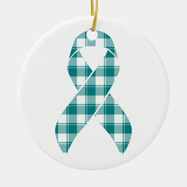 Adorno De Cerámica Cervical Cancer Awareness Plaid Teal Ribbon (Frente)