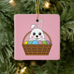 Adorno De Cerámica Cesta de caza de huevos de pascua blanca y colorid