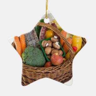 Adorno De Cerámica Cesta de compras con alimentos, frutas y verduras