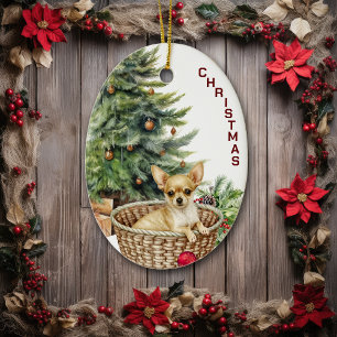Adorno De Cerámica Cesta de mimbre para perro Chihuahua Navidad