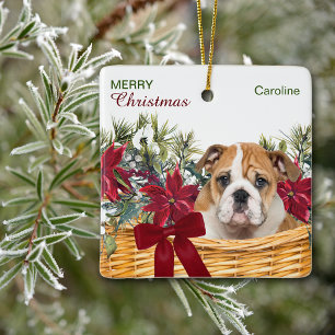 Adorno De Cerámica Cesta de Navidades de Cachorro de Bulldog de Poins