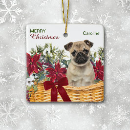 Adorno De Cerámica Cesta de Navidades de perro Pug de Poinsettia