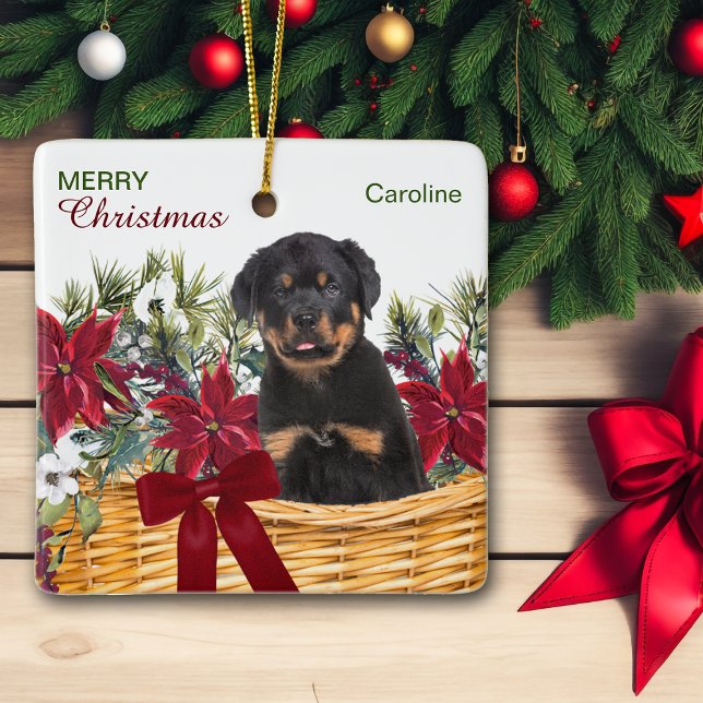 Adorno De Cerámica Cesta de Navidades de Poinsettia Rottweiler Puppy (Subido por el creador)