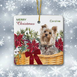 Adorno De Cerámica Cesta de Navidades de Poinsettia Yorkie Terrier