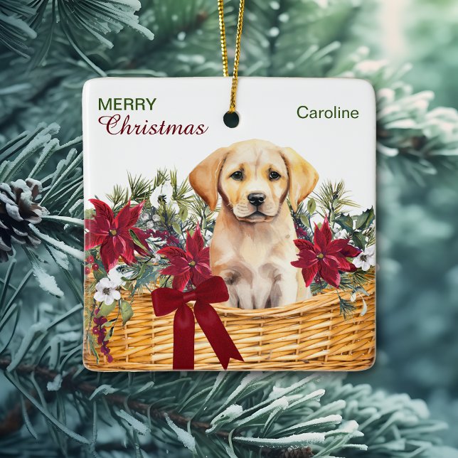 Adorno De Cerámica Cesta de Navidades de Yellow Lab Puppy Poinsettia (Subido por el creador)