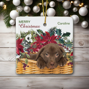 Adorno De Cerámica Cesta de Navidades del chocolate Labrador de Poins