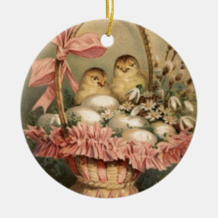 Adorno De Cerámica Cesto de Pascua Huevo Pollito Lazo Rosa