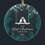 Adorno De Cerámica Chalkboard Lovebirds Nuestra Primera Navidad junto<br><div class="desc">Chalkboard Lovebirds Nuestra Primera Navidad Juntos Ornamento Cerámico. Personalice la información de su personalizado en la parte frontal y posterior.</div>