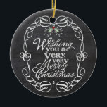 Adorno De Cerámica Chalkboard Mistletoguiones Merry Christmas Photo<br><div class="desc">'Deseándote Una Feliz Navidad' Tipografía De Saludos Blancos Dentro De Un Marco Tradicional De Vintage Desplegado, Navidades Rústicos Tablero Con Ornamento De Fotografía De Mistletos. Diseñado por fat*fa*tin. Fácil de personalizar con su propio texto, foto o imagen. Para solicitudes de personalizados, por favor contacte directamente con fat*fa*tin. Se cobran cargos...</div>