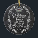 Adorno De Cerámica Chalkboard Mistletoguiones Merry Christmas Photo<br><div class="desc">'Deseándote Una Feliz Navidad' Tipografía De Saludos Blancos Dentro De Un Marco Tradicional De Vintage Desplegado, Navidades Rústicos Tablero Con Ornamento De Fotografía De Mistletos. Diseñado por fat*fa*tin. Fácil de personalizar con su propio texto, foto o imagen. Para solicitudes de personalizados, por favor contacte directamente con fat*fa*tin. Se cobran cargos...</div>