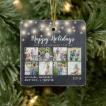 Adorno De Cerámica Chalkboard String Lights 8 Photo Holiday<br><div class="desc">Feliz Holiday rústico fondo de pizarra con fondo de luces de cuerda que se pueden personalizar con 8 fotos.</div>
