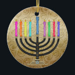 Adorno De Cerámica Chanukah Menorah<br><div class="desc">Diviértete con esto. ¡Piensen en los temas! Juega con colores de fondo, agrega o elimina texto, y (por un poco de cargo adicional) personalizar la parte posterior con imágenes, color, tu logotipo / información comercial., etc.! También son excelentes para regalos o para usar como toque final de clase en su...</div>