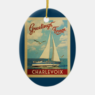 Adorno De Cerámica Charlevoix Sailboat Vintage Travel Michigan