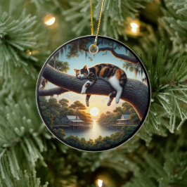 Adorno De Cerámica Charming Calico Cat Rustic Scene