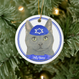 Adorno De Cerámica Chartreux Cat Yarmulke Blue White