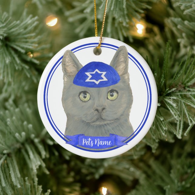 Adorno De Cerámica Chartreux Cat Yarmulke Blue White (Árbol)