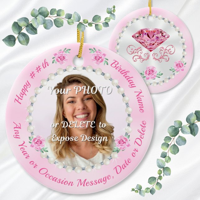 Adorno De Cerámica Cheap, Personalized Photo Birthday Ornaments, Pink (Birthday gift for female coworker, female friend, wife, mom and her. 60th or 30th birthday ornaments)