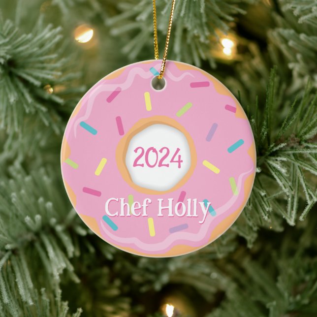 Adorno De Cerámica Chef de Donut Rosa, Cocinero o Panadero Navidad (Árbol)