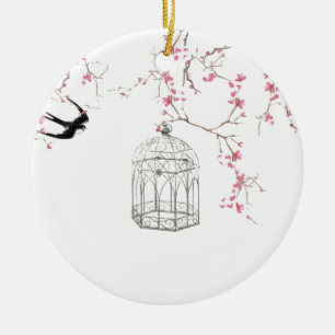 Adorno De Cerámica Cherry blossom, bird, birdcage - original, stylish