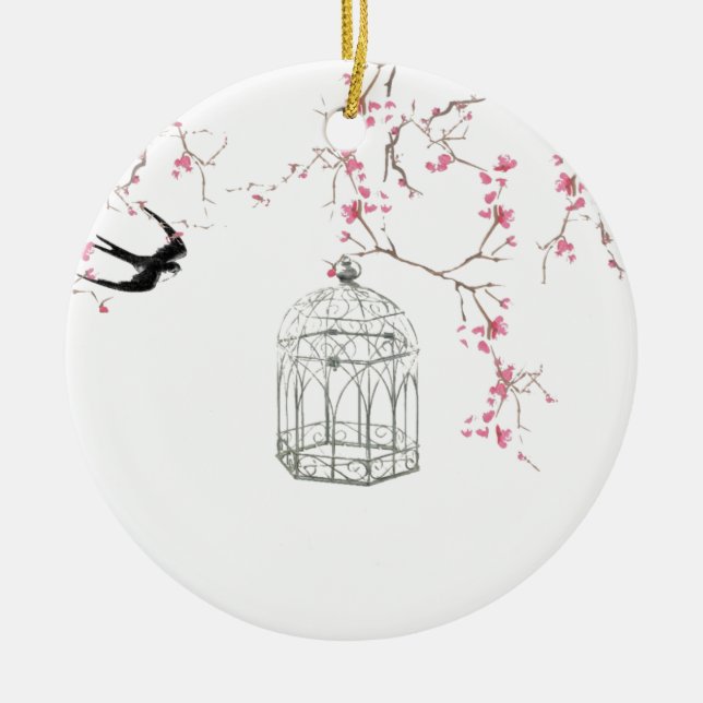 Adorno De Cerámica Cherry blossom, bird, birdcage - original, stylish (Frente)