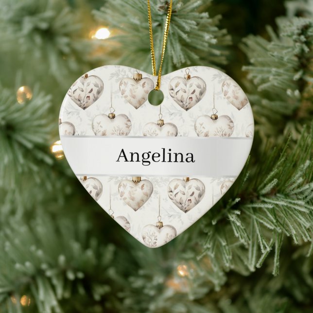 Adorno De Cerámica Chic Cream Hearts Silver Ribbon Christmas (Árbol)