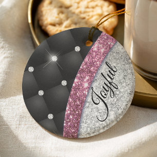 Adorno De Cerámica Chic femenino monograma falso de plata con brillo 