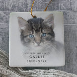 Adorno De Cerámica Chic Forever in Our Hearts Photo Cat Memorial<br><div class="desc">This chic forever in our hearts photo cat memorial ceramic ornament is the perfect modern memorial Christmas tree decoration. The simple design features classic minimalist black typography with a rustic boho feel. This keepsake ornament reads "forever in our hearts". Personalize your double-sided ornament with a photo of your cat, your...</div>