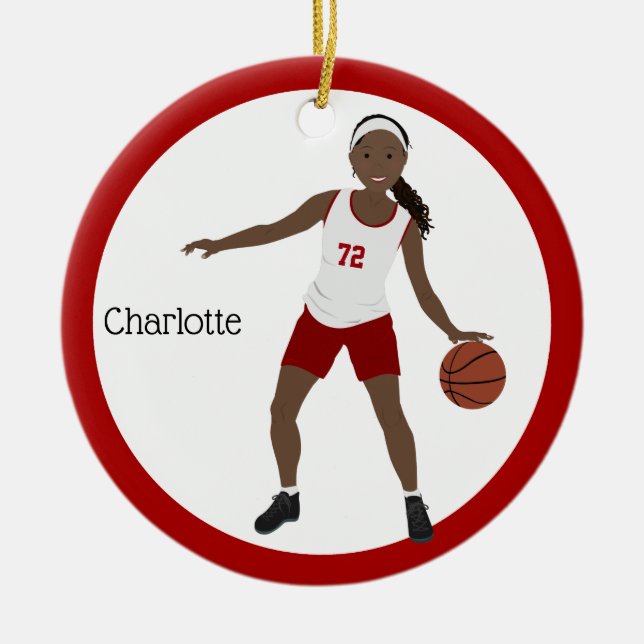 Adorno De Cerámica Chica Africano-Estadounidense De Baloncesto En Roj (Frente)
